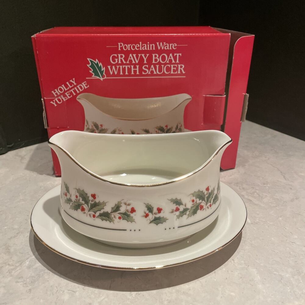 Vintage Holly Yuletide Porcelain Gravy Boat With Saucer - 8.25- Japan -NIB